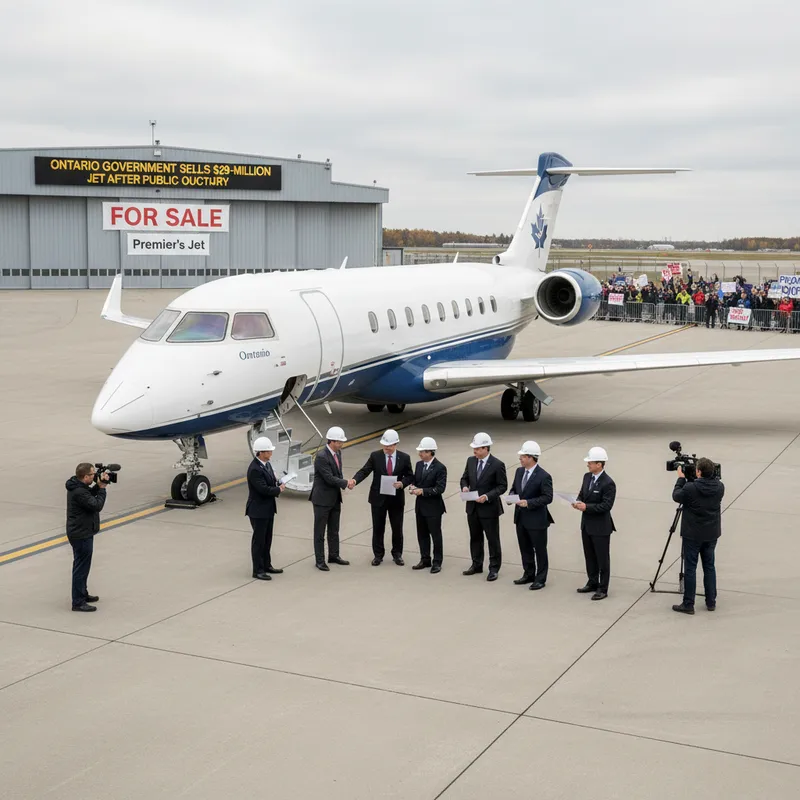 Bombardier jet parked on tarmac under natural lighting, representing a controversial government aircraft sale.