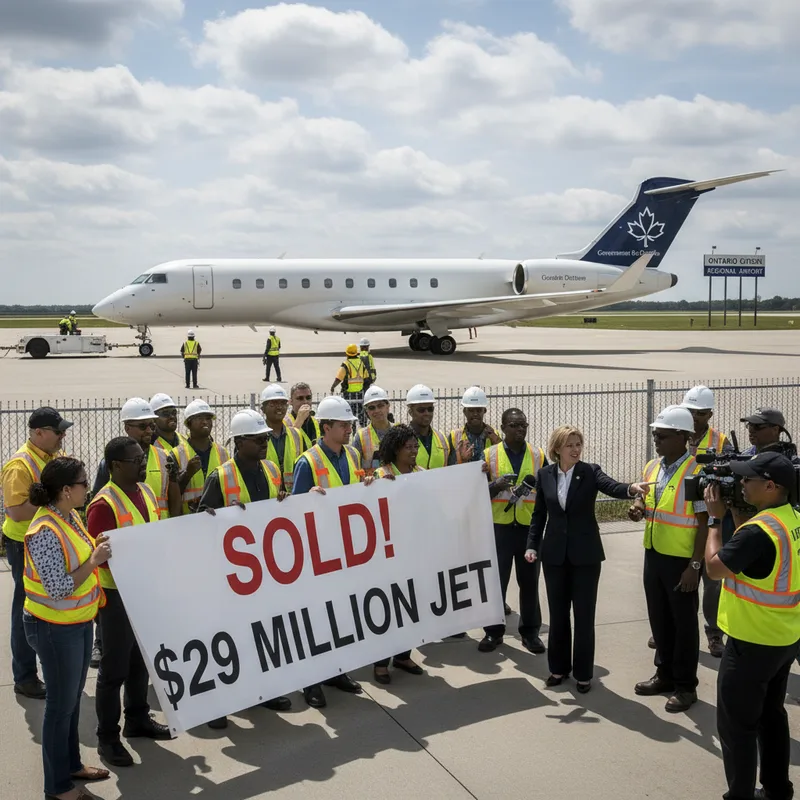 Bombardier jet parked on tarmac under natural lighting, representing a government sale.