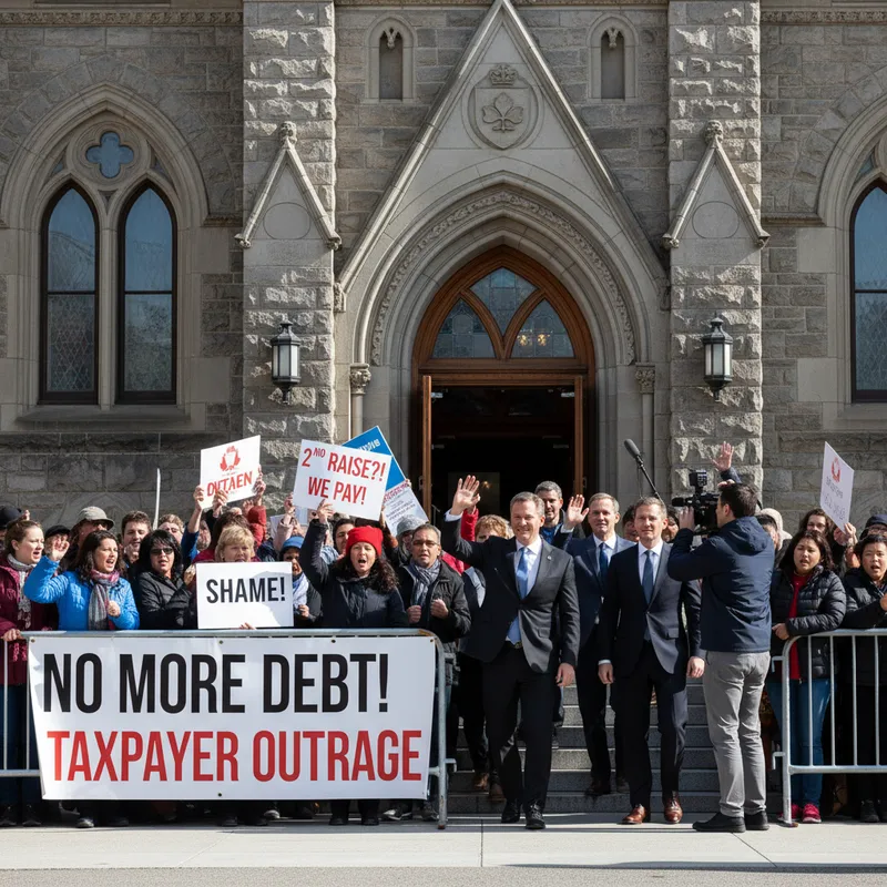 Ontario’s Provincial Parliament building with a visible increase in public anger and protest signs outside.