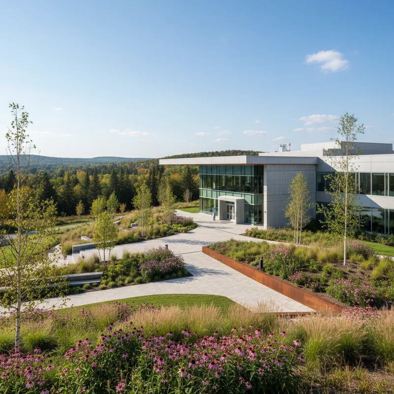 Modern building exterior with landscaped grounds, architectural photography, realistic setting.