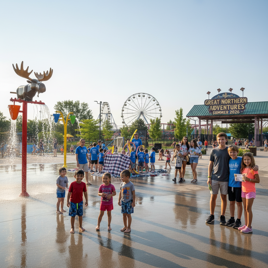 Children enjoying a sunny summer day at an Ontario park with splash pads and greenery.