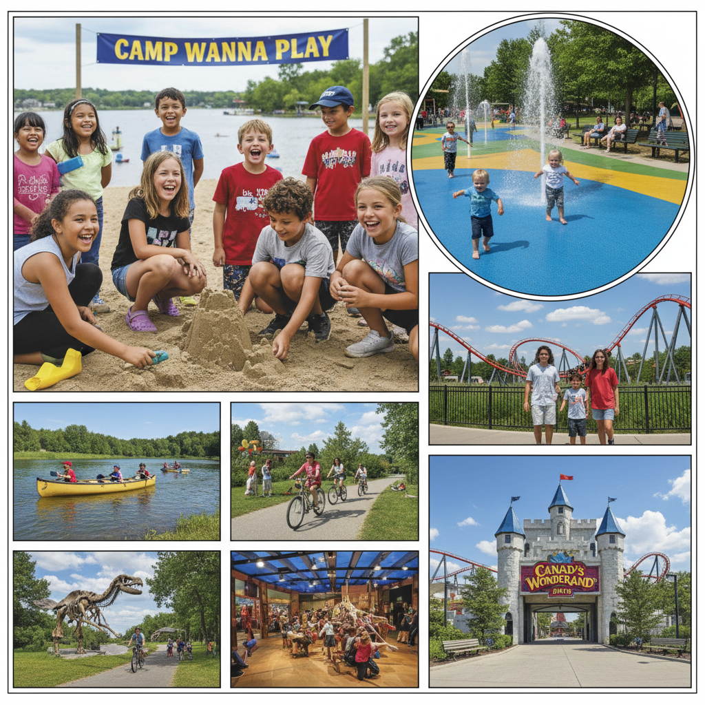 A realistic news photograph of diverse children enjoying summer activities outdoors in Ontario.