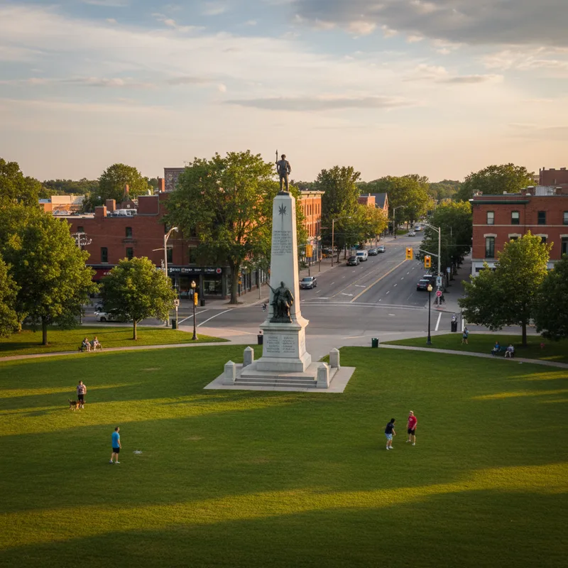 Memorial Park in Oshawa features the cenotaph and expansive lawns, located adjacent to King Street.