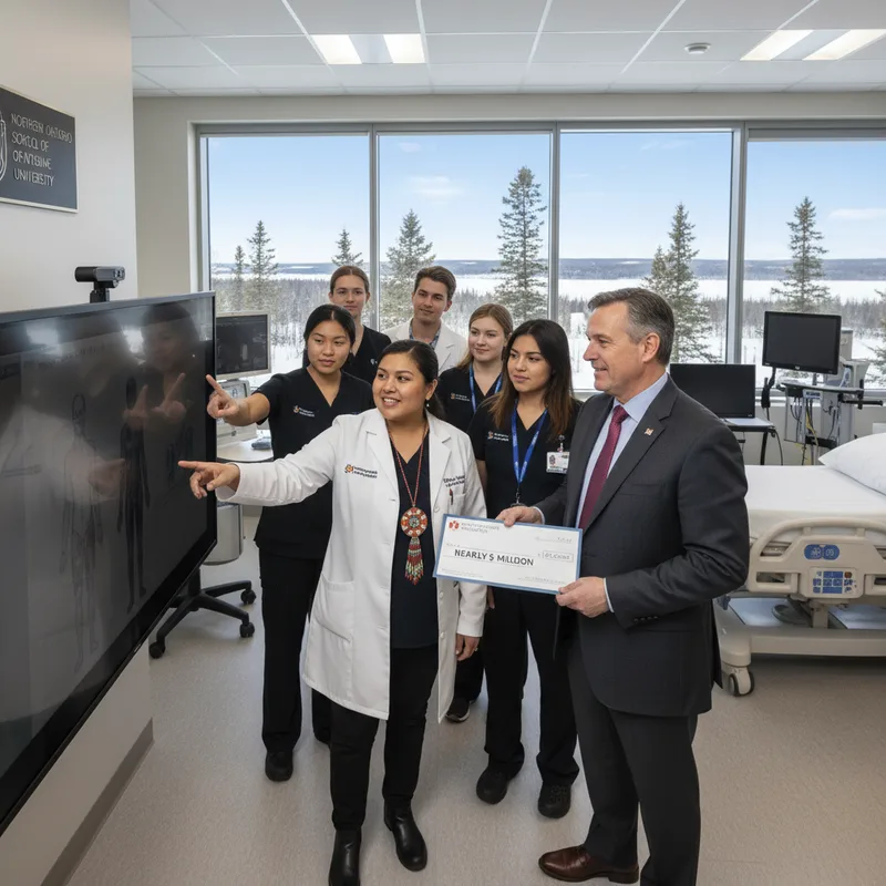 Medical trainees in a modern clinical setting at the Northern Ontario School of Medicine University.