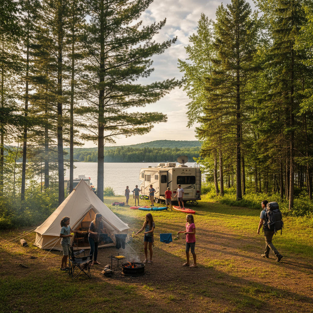 Scenic view of a serene campground nestled in the Southern Ontario wilderness under natural lighting.