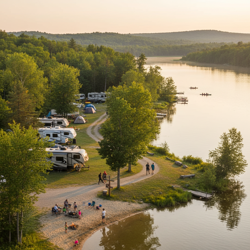 Sun-dappled forest campsite with a lake view, evoking a summer getaway in Southern Ontario.