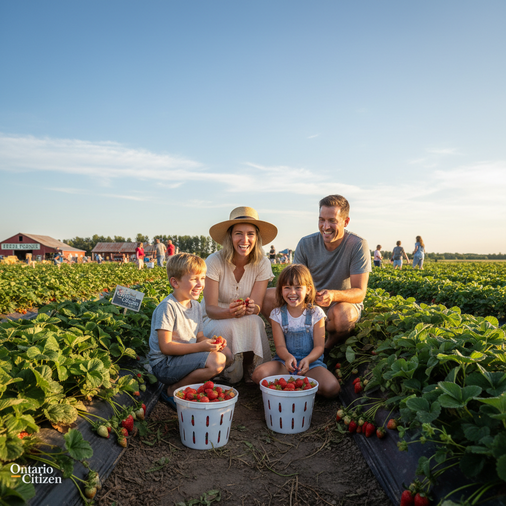 Several people picking strawberries at a sunny outdoor fruit farm in Southern Ontario.