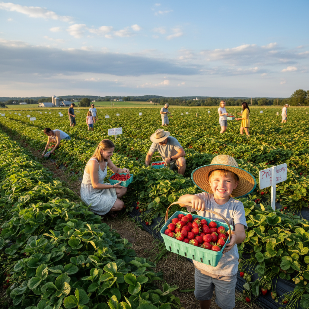 A bright, sunny day at an Ontario strawberry farm with people picking fruit.
