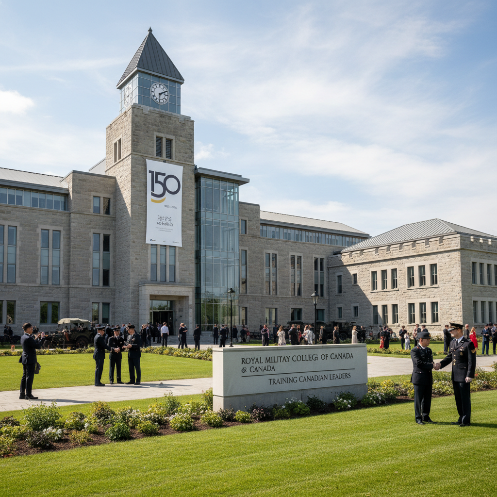 Royal Military College, Kingston campus exterior with modern architecture and landscaped grounds on anniversary.