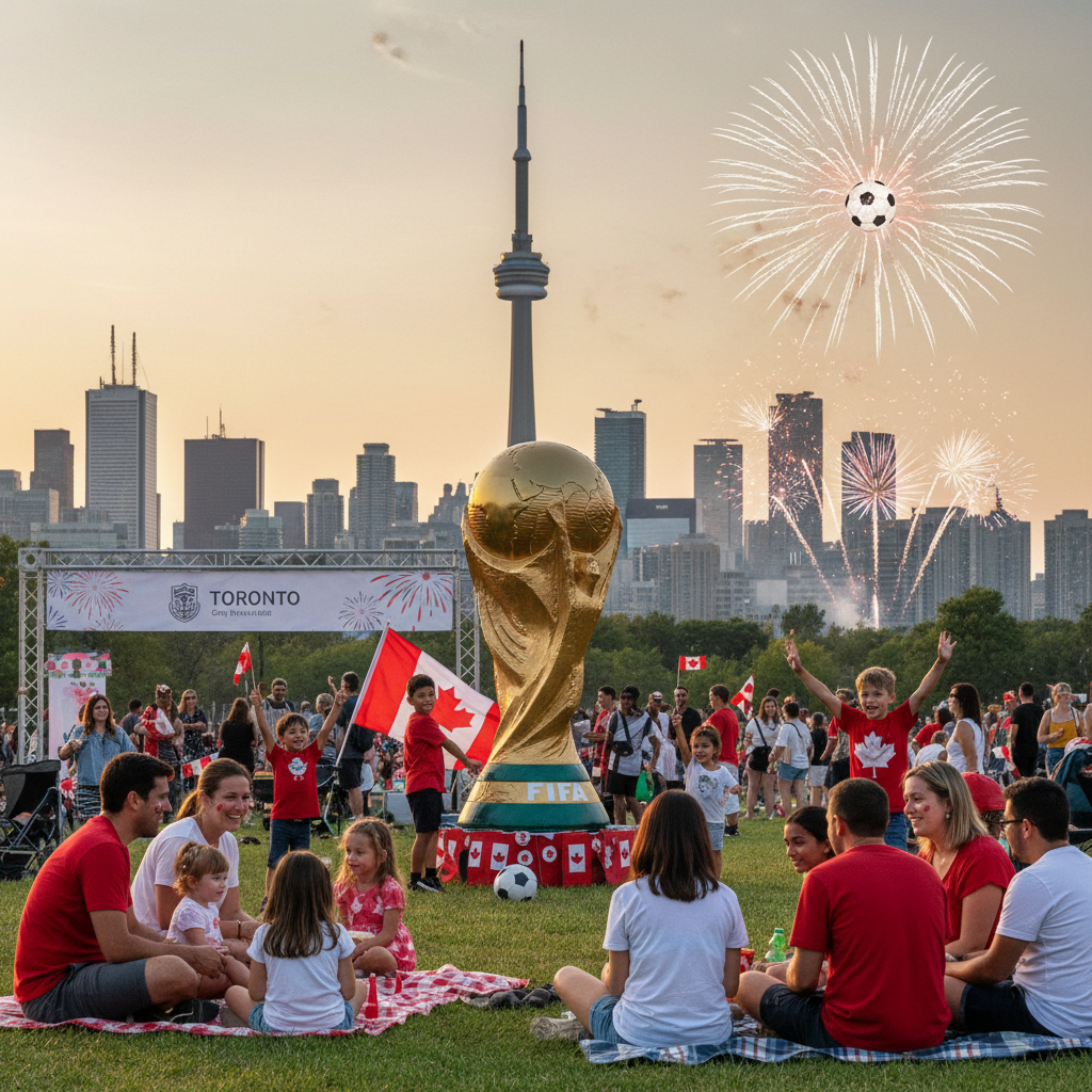 Toronto Canada Day celebration with vibrant decorations and a crowd enjoying FIFA World Cup themed festivities.