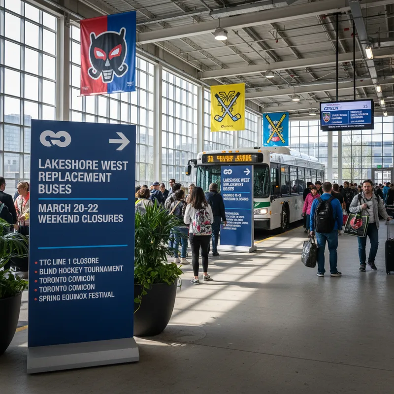 A GO bus replacement boarding area at Union Station Bus Terminal with wayfinding signs for Lakeshore West riders. — Ontario Citizen