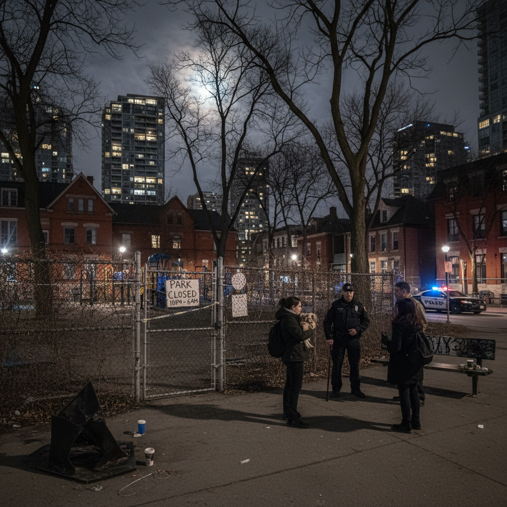 Barbara Hall Park at night with police tape, suggesting a potential closure due to safety concerns.