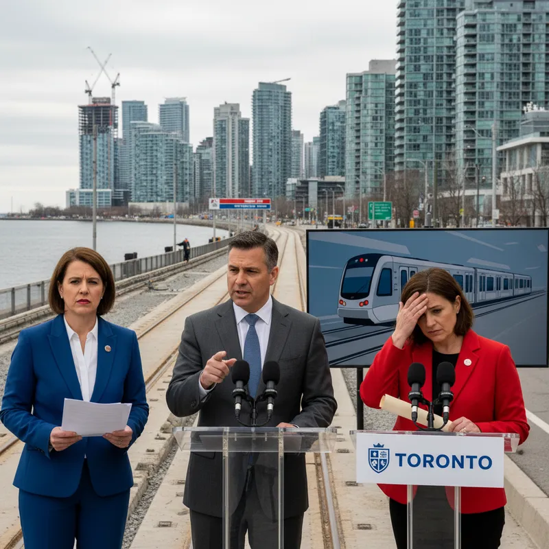 A realistic photograph of the Toronto waterfront with LRT tracks under construction and city buildings in the background.