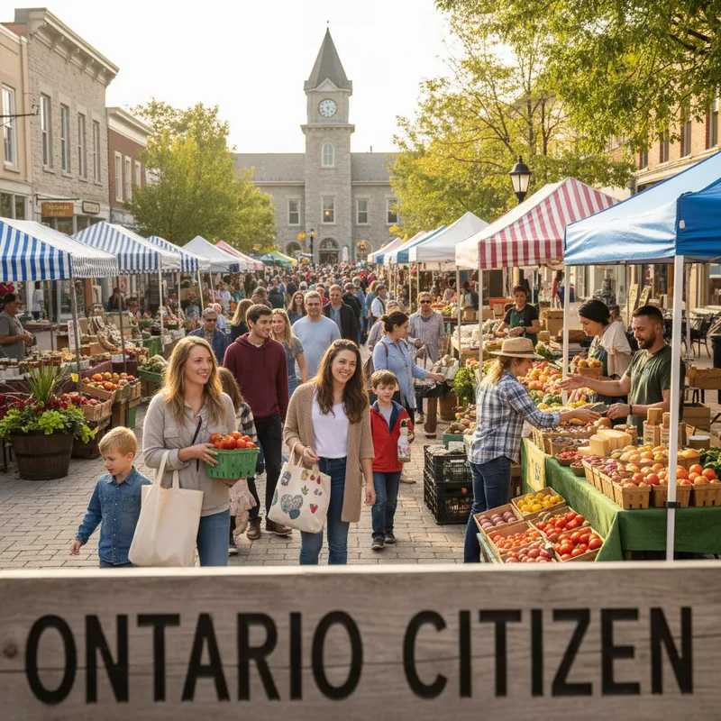 Photorealistic farmers market in Ontario with fresh produce under natural lighting, showcasing regional Ontario goods.