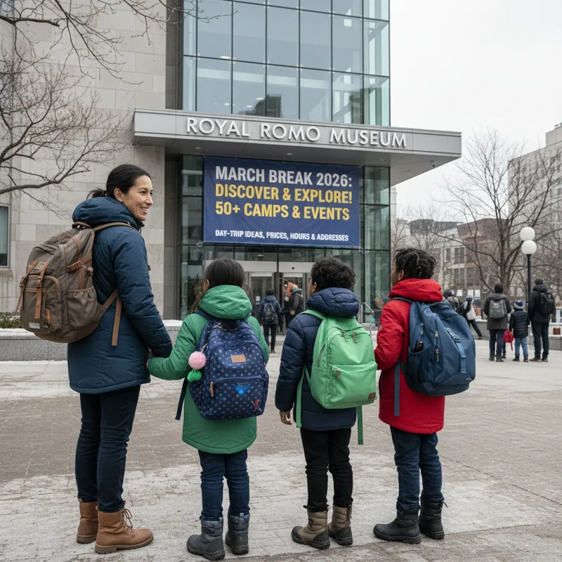 Family with backpacks and winter jackets queues outside an Ontario museum ready for March Break activities.