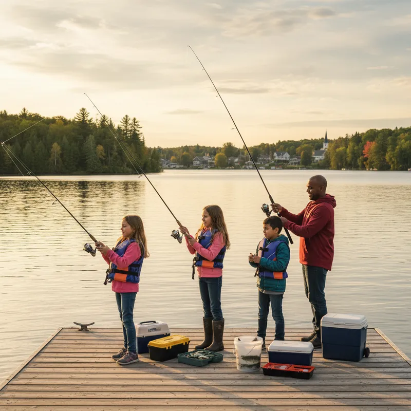 A family fishes together on a sunny day at an accessible Southern Ontario fishing spot.