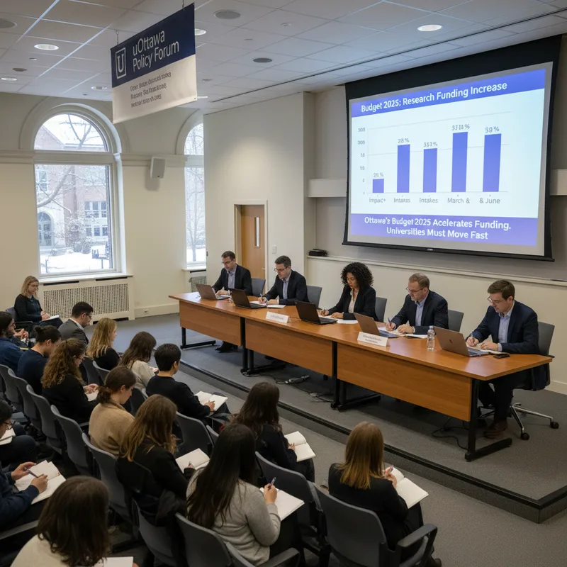 A wide shot of uOttawa researchers at a campus policy talk, taking notes during a budget discussion. — Ontario Citizen