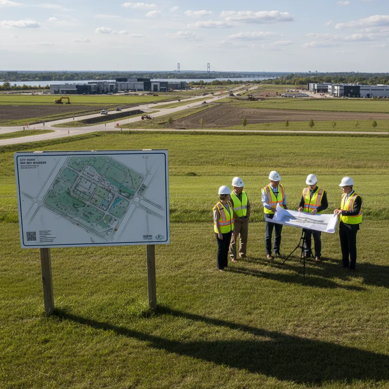 Aerial view of Sandwich South, Windsor, showcasing undeveloped lands designated for future development projects.
